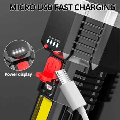 Carregador rápido Micro USB preto com indicador de potência e cabo USB branco