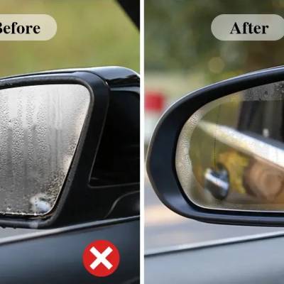 Espelhos retrovisores de carro com e sem nevoeiro, comparativo antes e depois