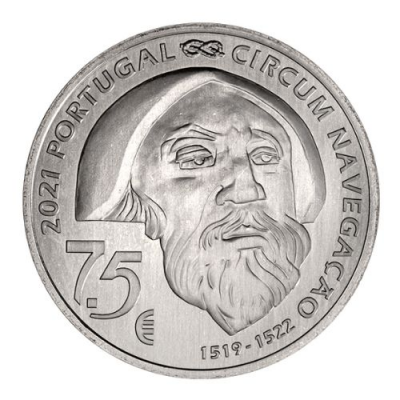 Moeda comemorativa de prata com rosto gravado e texto Portugal 2021.