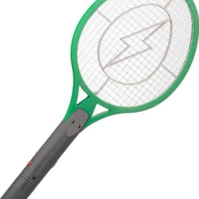 Raquete elétrica verde e cinzenta para matar insetos com cabo ergonómico