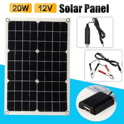 Painel solar 20W 12V com acessórios de cabos e adaptador USB
