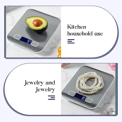 Balança digital de cozinha cinzenta a pesar abacate e colar de pérolas