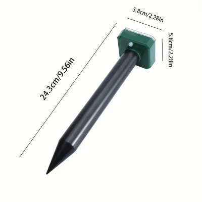 Dispositivo de estaca preto e verde com medidas mostradas