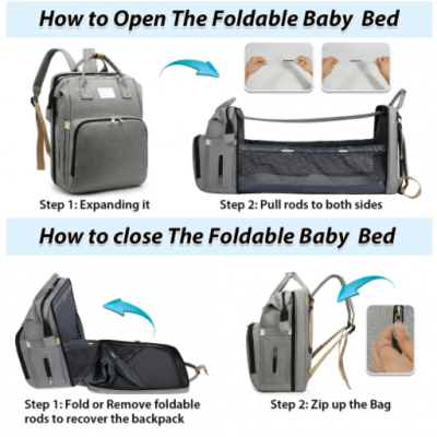 Mochila Mala Fraldario Berço Portatil Cama Bebe USB Dobravel e multifuncional