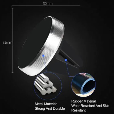 Suporte de telemóvel para carro com superfície preta e borda metálica prateada