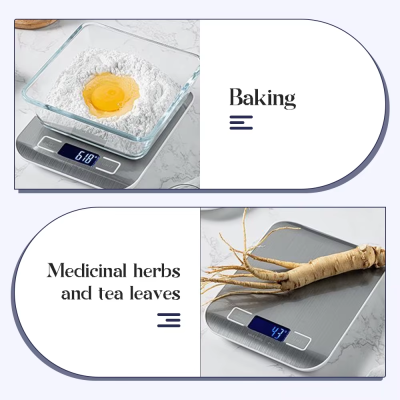 balanças digitais com ingredientes para cozinha, farinha com gema e raiz de erva em balança inox