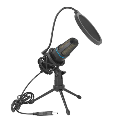 Microfone preto com tripé e pop filter em fundo branco