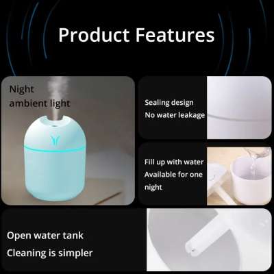 Difusor de aroma branco com luz ambiente azul e características do produto