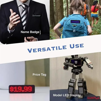 Montagem com crachá, mochila, etiqueta de preço eletrónica e figura de robô com visor LED mostrando textos