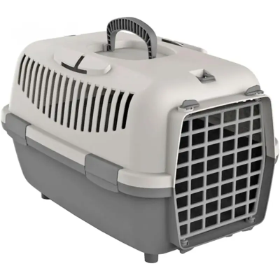 Caixa transportadora para animais cinza e bege com porta de grade frontal