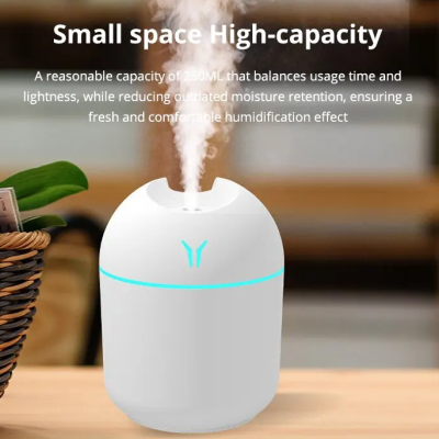 Humidificador branco portátil com luz azul e vapor, texto promocional em inglês