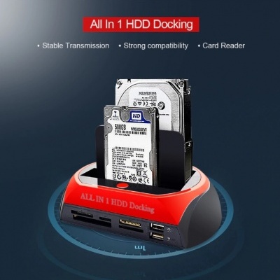 Estação de encaixe HDD com discos rígidos e texto promocional