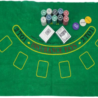 Mesa tabuleiro tapete jogo Blackjack e Poker completo com 200 fichas e caixa