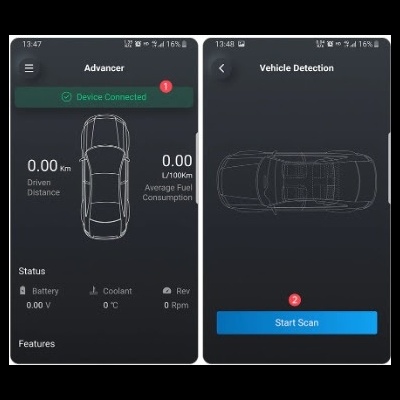 Interface de aplicação móvel com dados do veículo e função de detecção de veículo