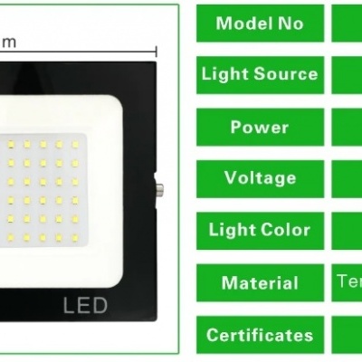 Luz Flood Light LED chip 50W vidro temperado e alumínio com etiquetas técnicas