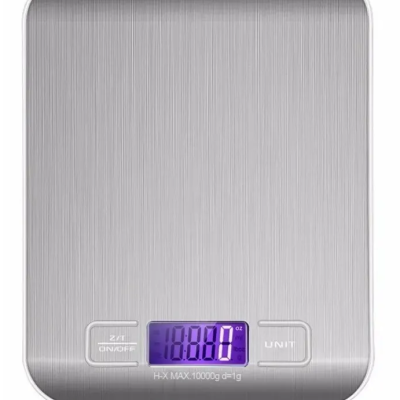 Balança digital de cozinha em aço inoxidável com ecrã LCD azul