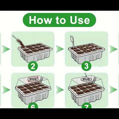 Instruções passo a passo de plantação com imagens de tabuleiros de germinação e rebentos.