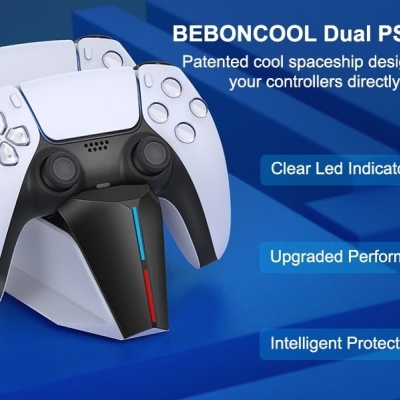 Carregador duplo BEBONCOOL para comandos PS5 com design de nave espacial e luzes LED