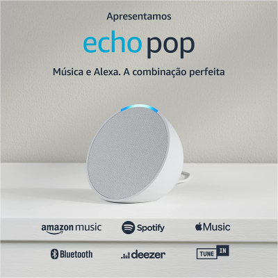 Coluna inteligente Echo Pop branca e cinza com texto promocional e logotipos de serviços de música e Bluetooth
