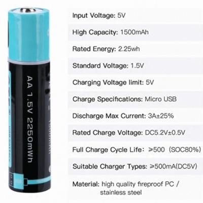 Bateria Pilha AA / AAA recarregavel USB 1.5V 2250mwh