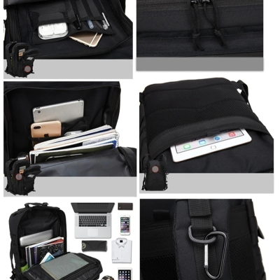 Mochila preta multifuncional com vários compartimentos e bolsos