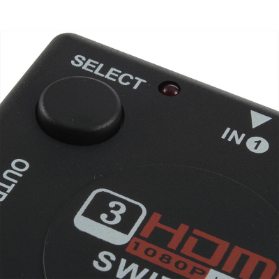 Botão SELECT em dispositivo HDMI preto com texto branco e indicador luminoso vermelho
