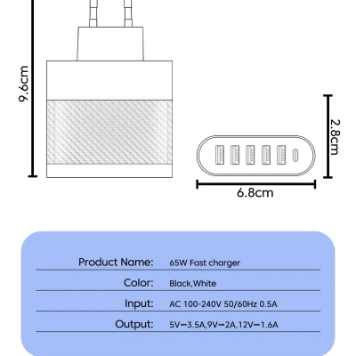 Carregador USB C com 5 portas USB Universal Carregamento rapido 3.1A