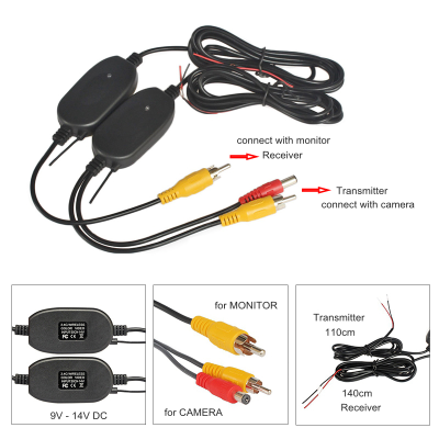 Conjunto de transmissor e recetor de vídeo com cabos RCA preto, amarelo e vermelho