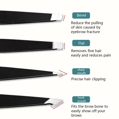 Quatro pinças de metal preto com diferentes pontas e descrições em inglês