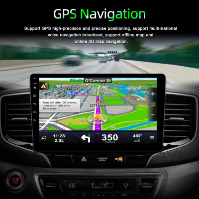 Ecrã GPS a mostrar mapa de navegação e instruções no tablier do carro