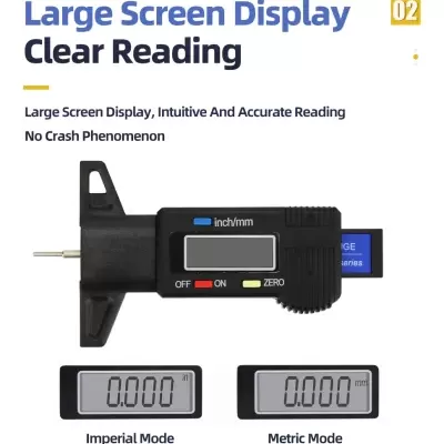 Medidor digital preto com visor grande e texto promocional