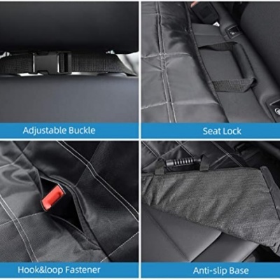 Detalhes de capa protetora de assento de carro preta com fechos e base antiderrapante.