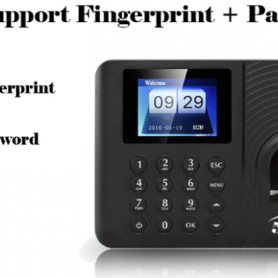 Dispositivo preto com ecrã LCD, teclado e leitor biométrico