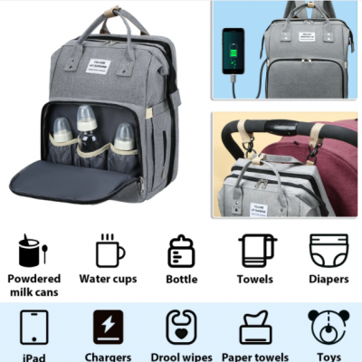 Mochila Mala Fraldario Berço Portatil Cama Bebe USB Dobravel e multifuncional
