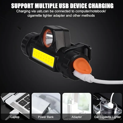 Lanterna LED preta com detalhes laranja e faixa amarela, carregada via USB