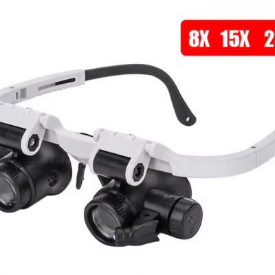 Óculos de aumento com lentes e iluminação LED