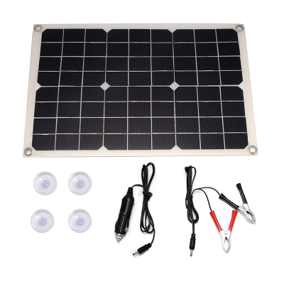 Painel solar flexível preto com acessórios incluindo ventosas, cabo de isqueiro e pinças para bateria