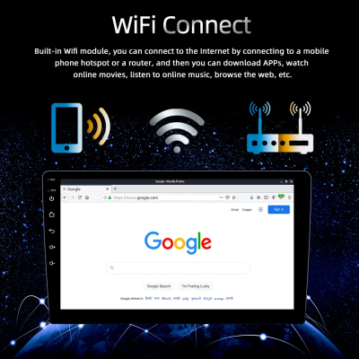 Gráficos de ligação WiFi com texto explicativo e ecrã com página inicial do Google