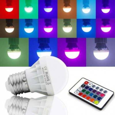 Lâmpada LED RGB colorida com comando remoto e fundo colorido