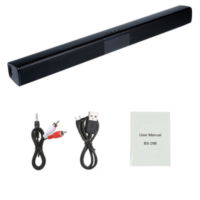 Barra de som preta com cabos e manual de instruções