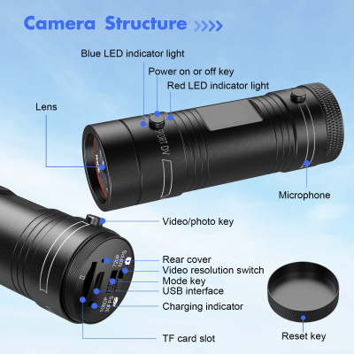 Câmara preta cilíndrica com várias funções e indicadores de LED