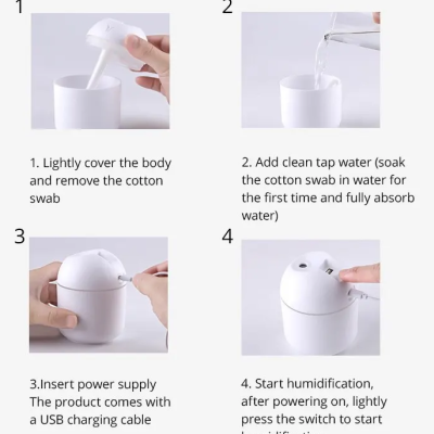 Instruções de uso para humidificador branco com cabo USB e copo branco