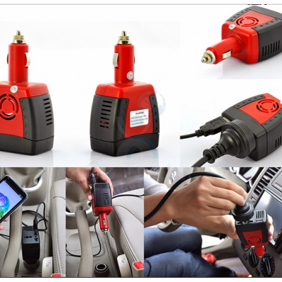 Adaptador carregador de carro USB vermelho e preto em uso