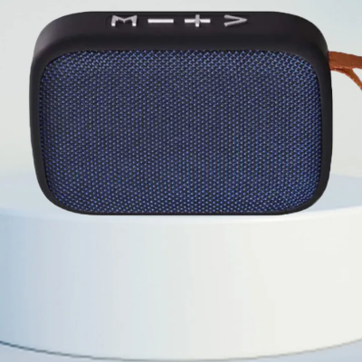 Coluna de som portátil azul com botões na parte superior e alça laranja