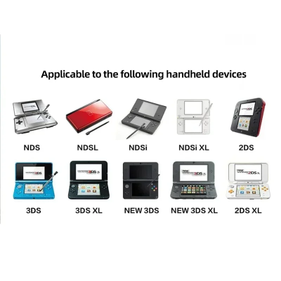 Dispositivos portáteis Nintendo variados com seus nomes abaixo de cada imagem.