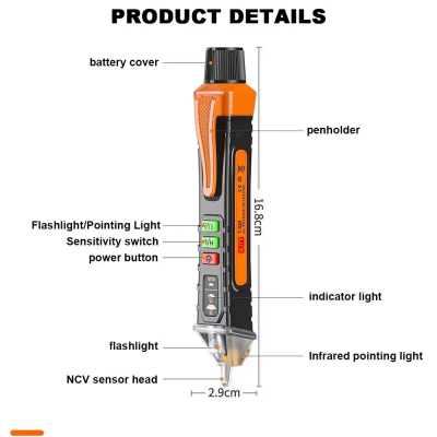 Imagem de ferramenta eletrónica preta e laranja com detalhes das suas partes e funções