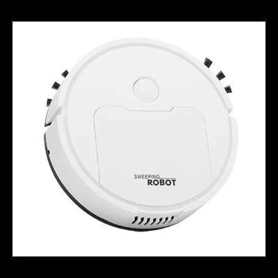 aspirador robô redondo branco com escovas laterais pretas e texto