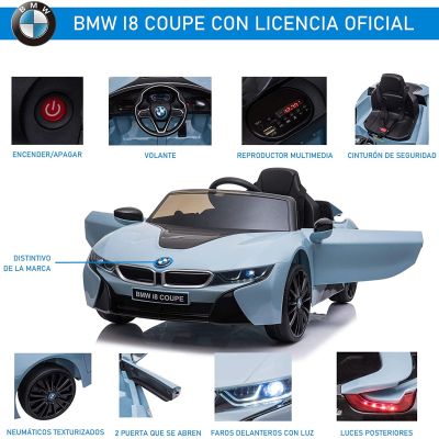 Carro elétrico BMW i8 Coupe infantil azul com portas abertas e luzes acesas