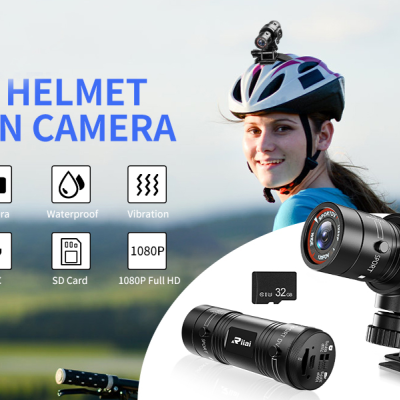 Câmara de ação 1080P preta com texto promocional e ciclista com capacete num ambiente exterior