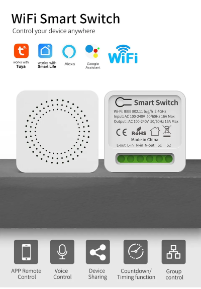 Interruptor Inteligente WiFi 16A Tuya Smart Switch 2 vias Mini Disjuntor Inteligente Alexa e Google Assistant